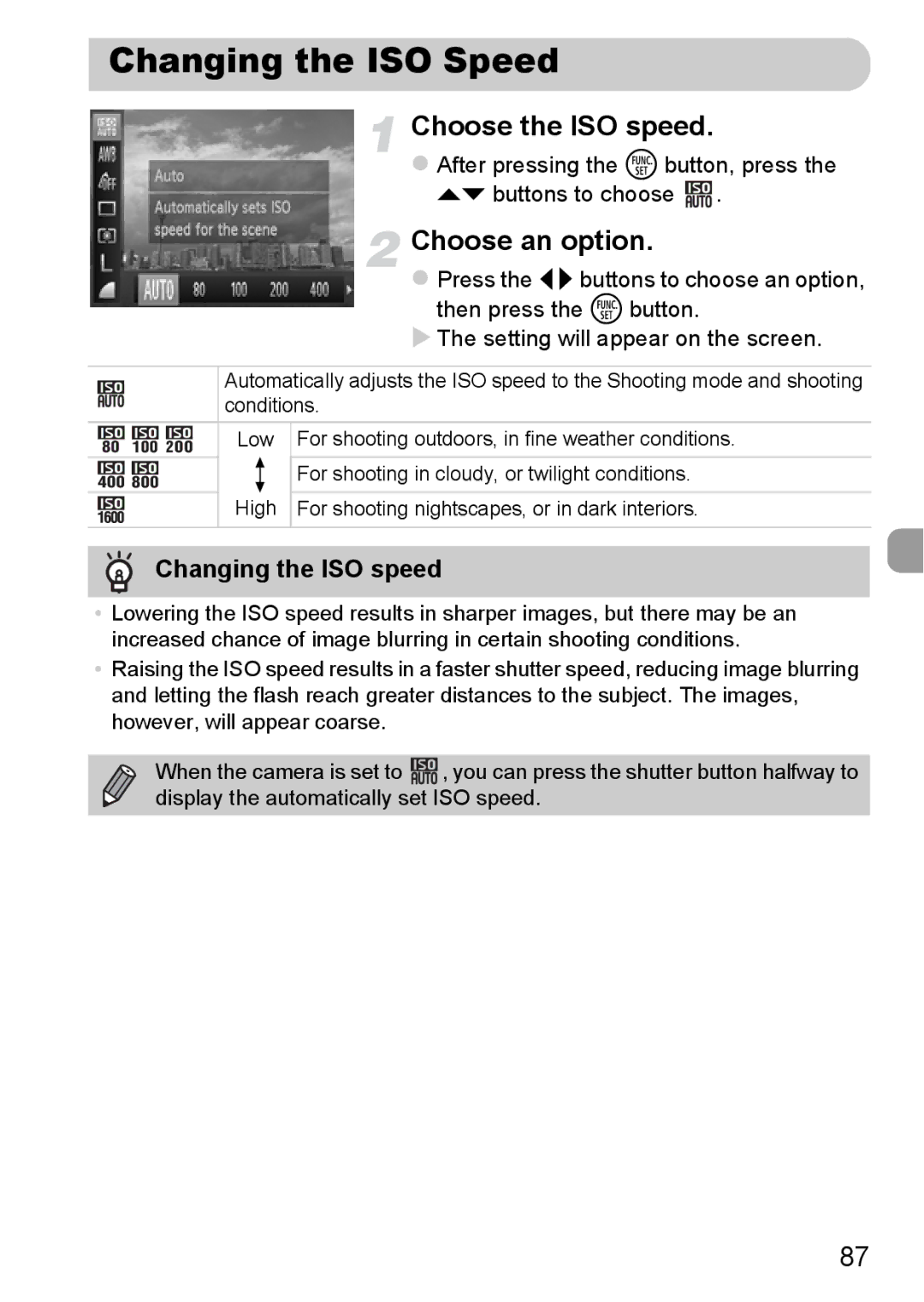 Canon A2200 IS, A3350 IS manual Changing the ISO Speed, Choose the ISO speed, Changing the ISO speed 