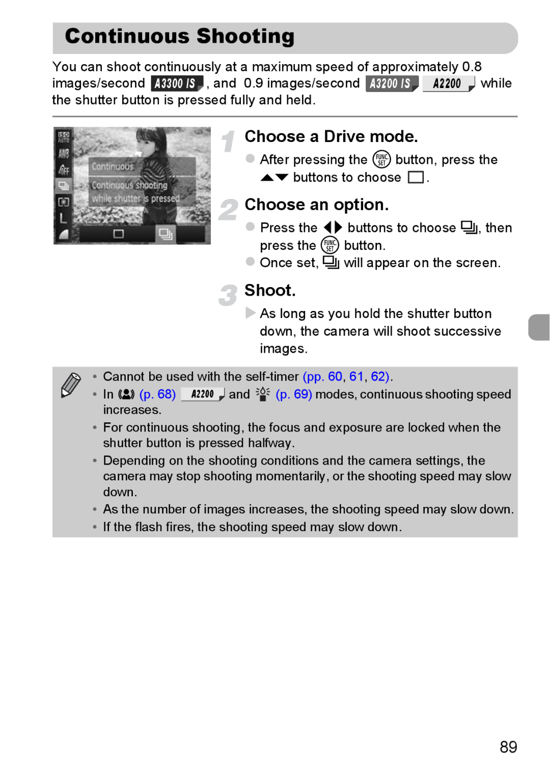 Canon A2200 IS, A3350 IS manual Continuous Shooting, Choose a Drive mode 