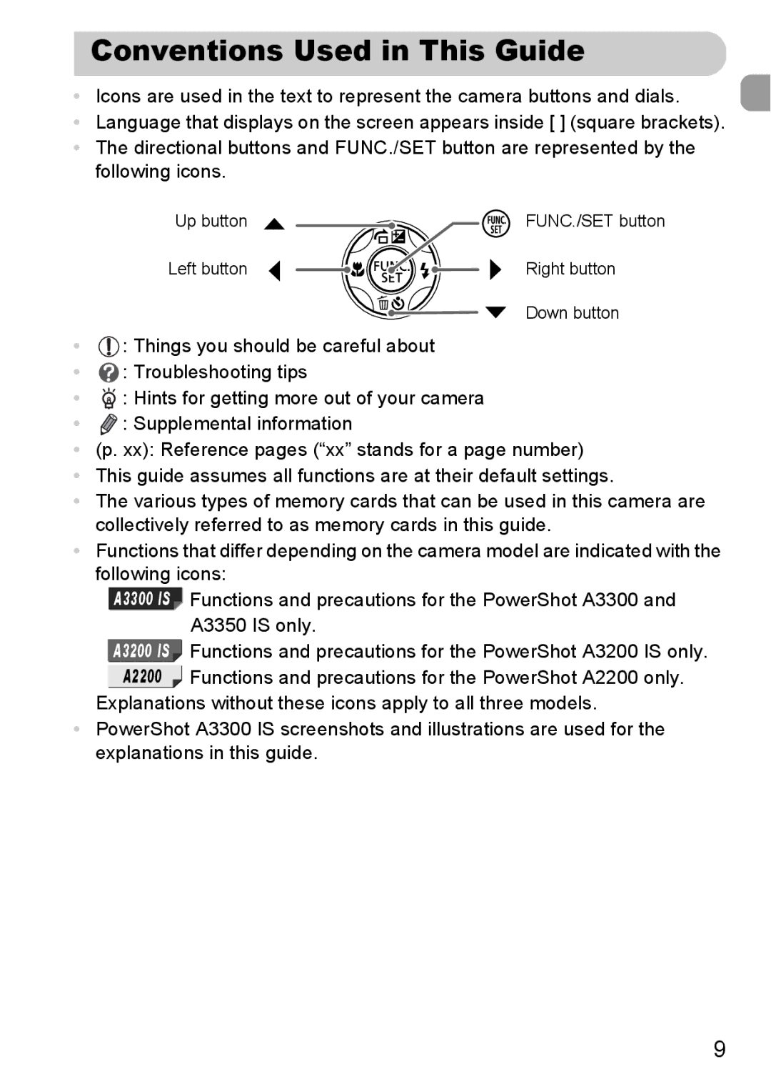 Canon A2200 IS, A3350 IS manual Conventions Used in This Guide 