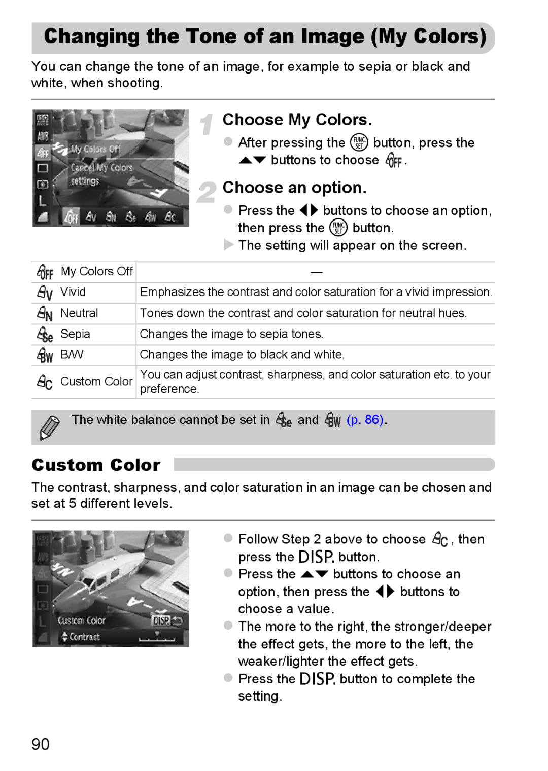 Canon A3350 IS, A2200 IS manual Changing the Tone of an Image My Colors, Custom Color, Choose My Colors 