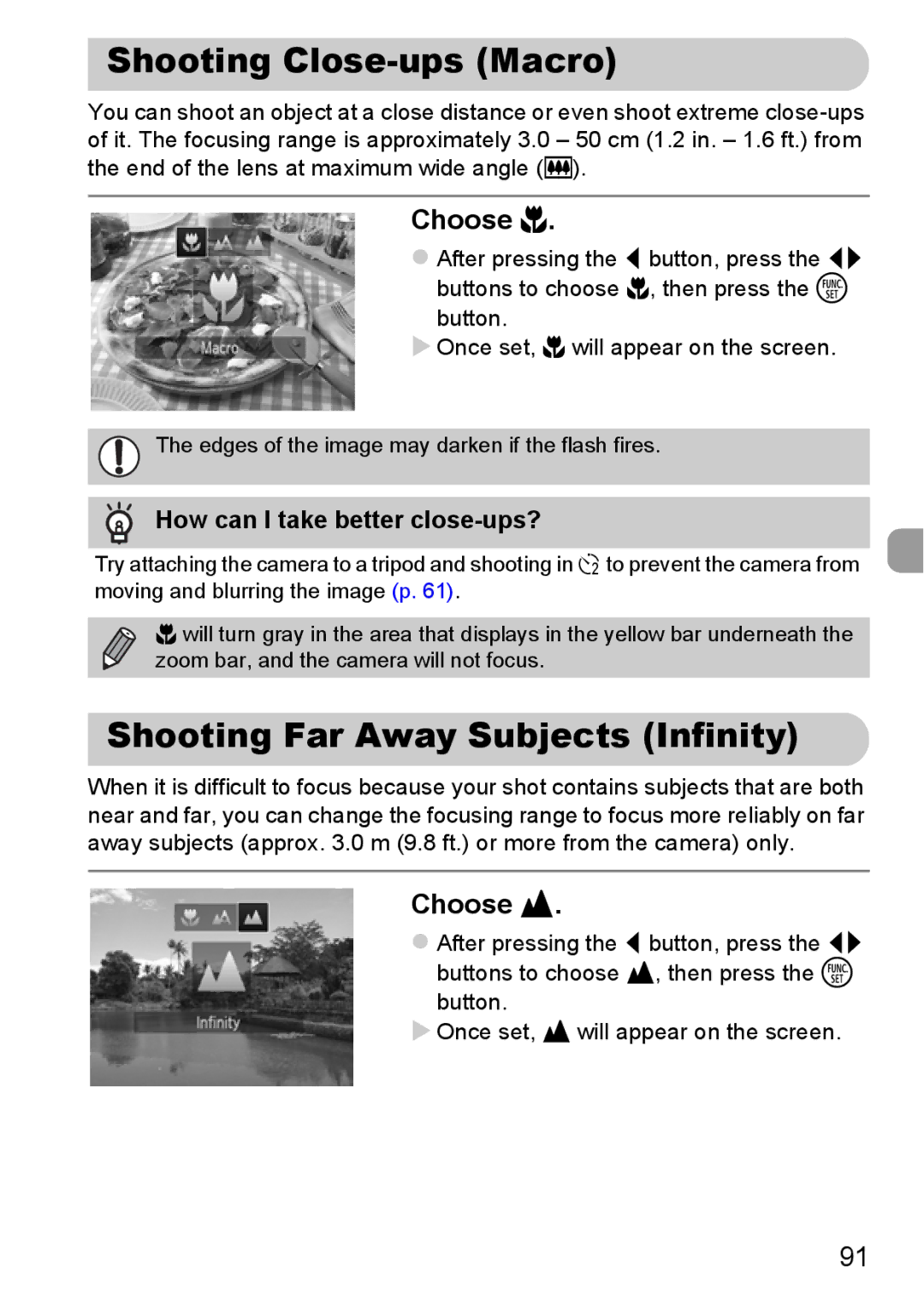 Canon A2200 IS, A3350 IS manual Shooting Close-ups Macro, Shooting Far Away Subjects Infinity, Choose e, Choose u 