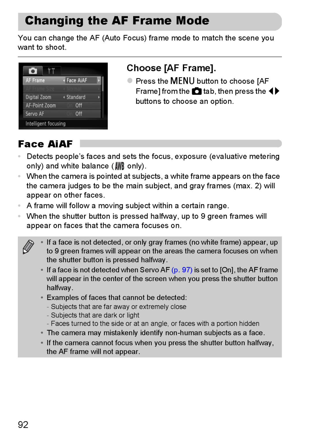 Canon A3350 IS, A2200 IS manual Changing the AF Frame Mode, Face AiAF, Choose AF Frame 