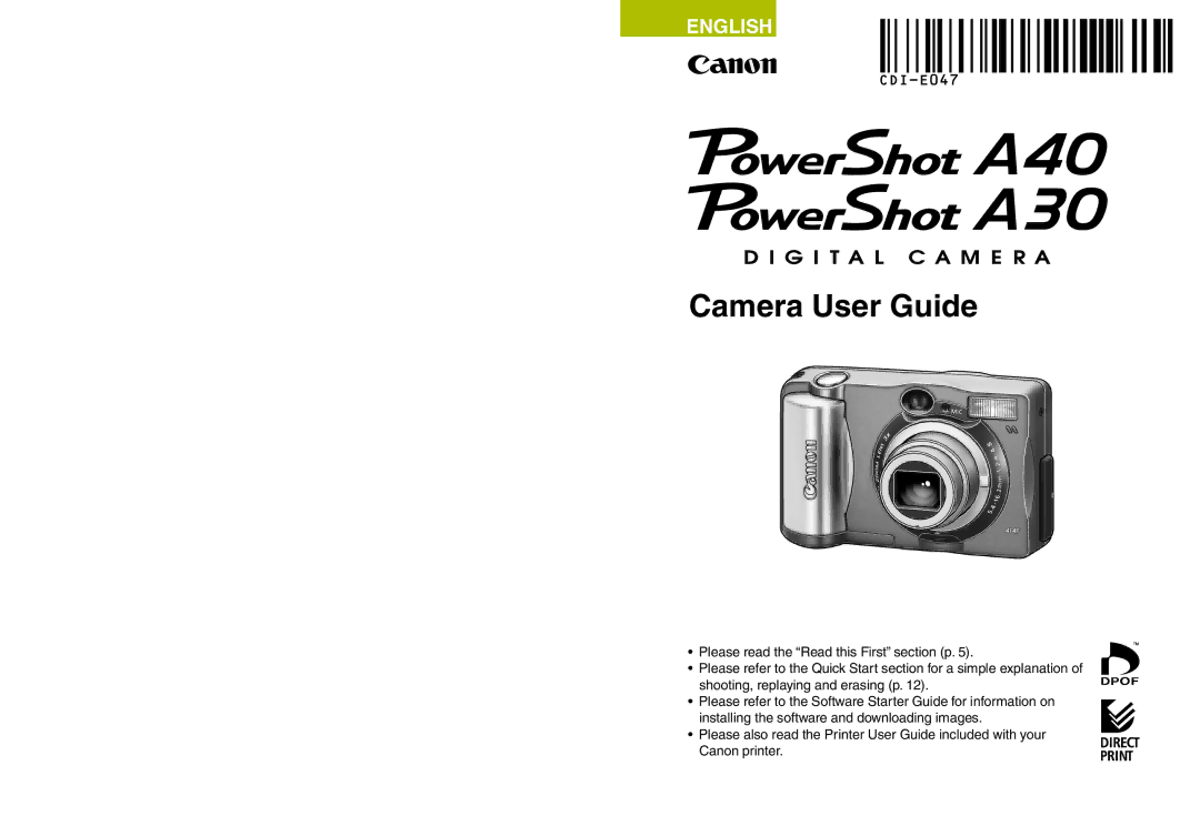 Canon A40 quick start Camera User Guide 