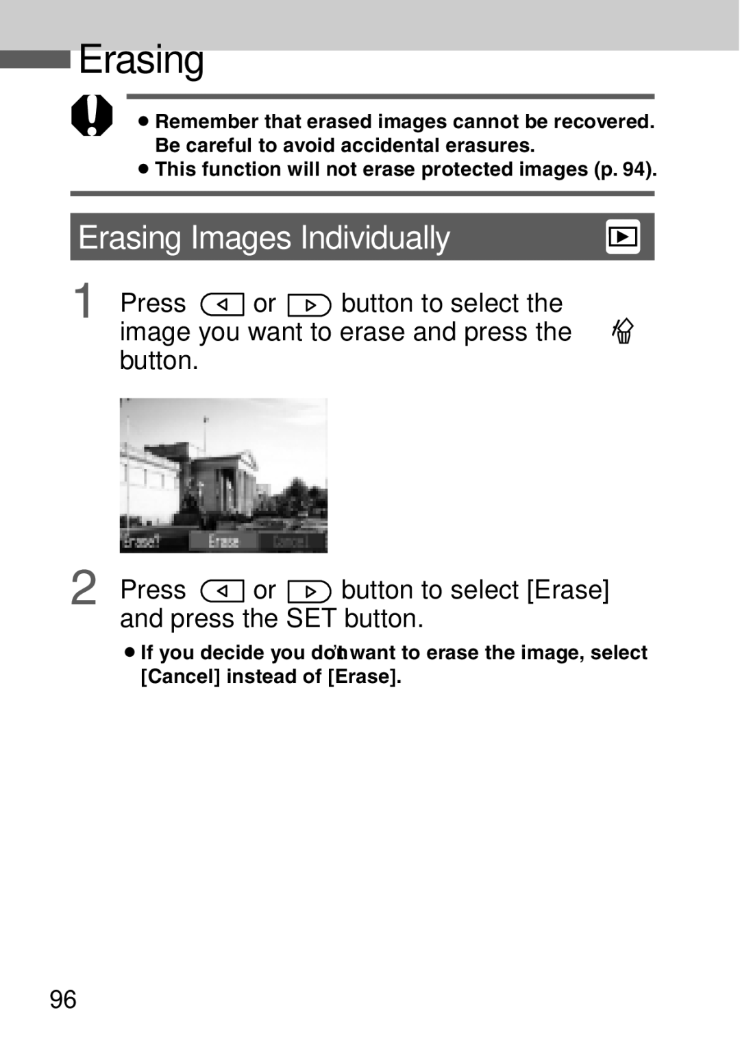 Canon A40 quick start Erasing Images Individually 