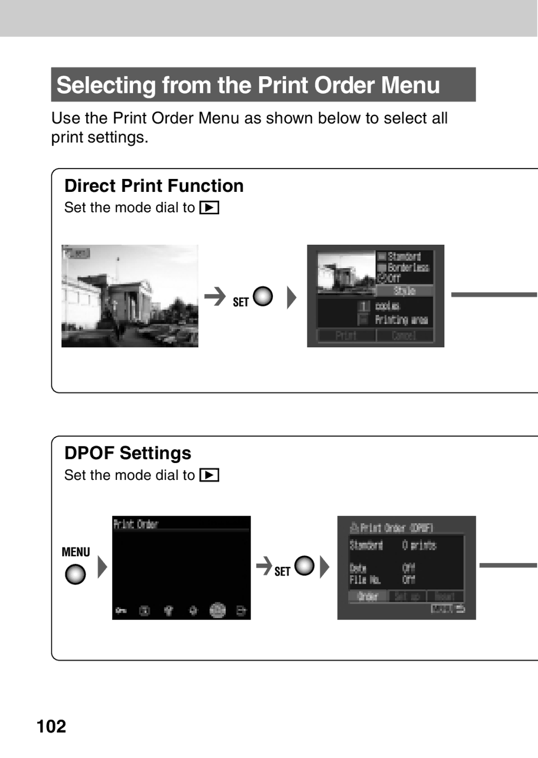 Canon A40 quick start Selecting from the Print Order Menu, Direct Print Function, Dpof Settings, 102 