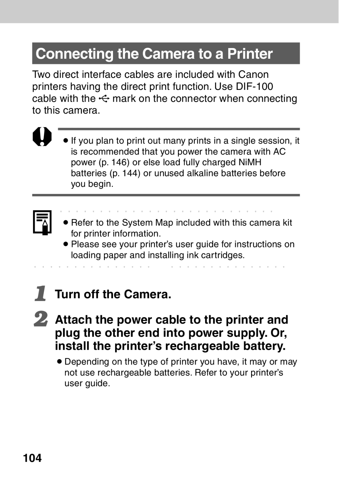 Canon A40 quick start Connecting the Camera to a Printer, Turn off the Camera, 104 