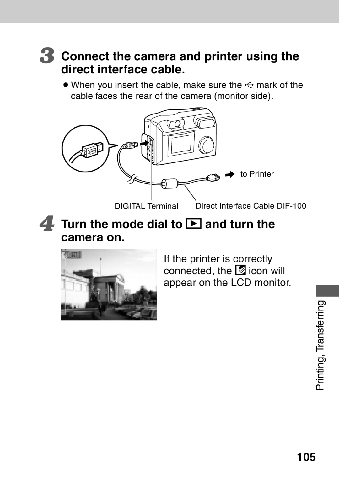 Canon A40 quick start Turn the mode dial to Camera on, 105 