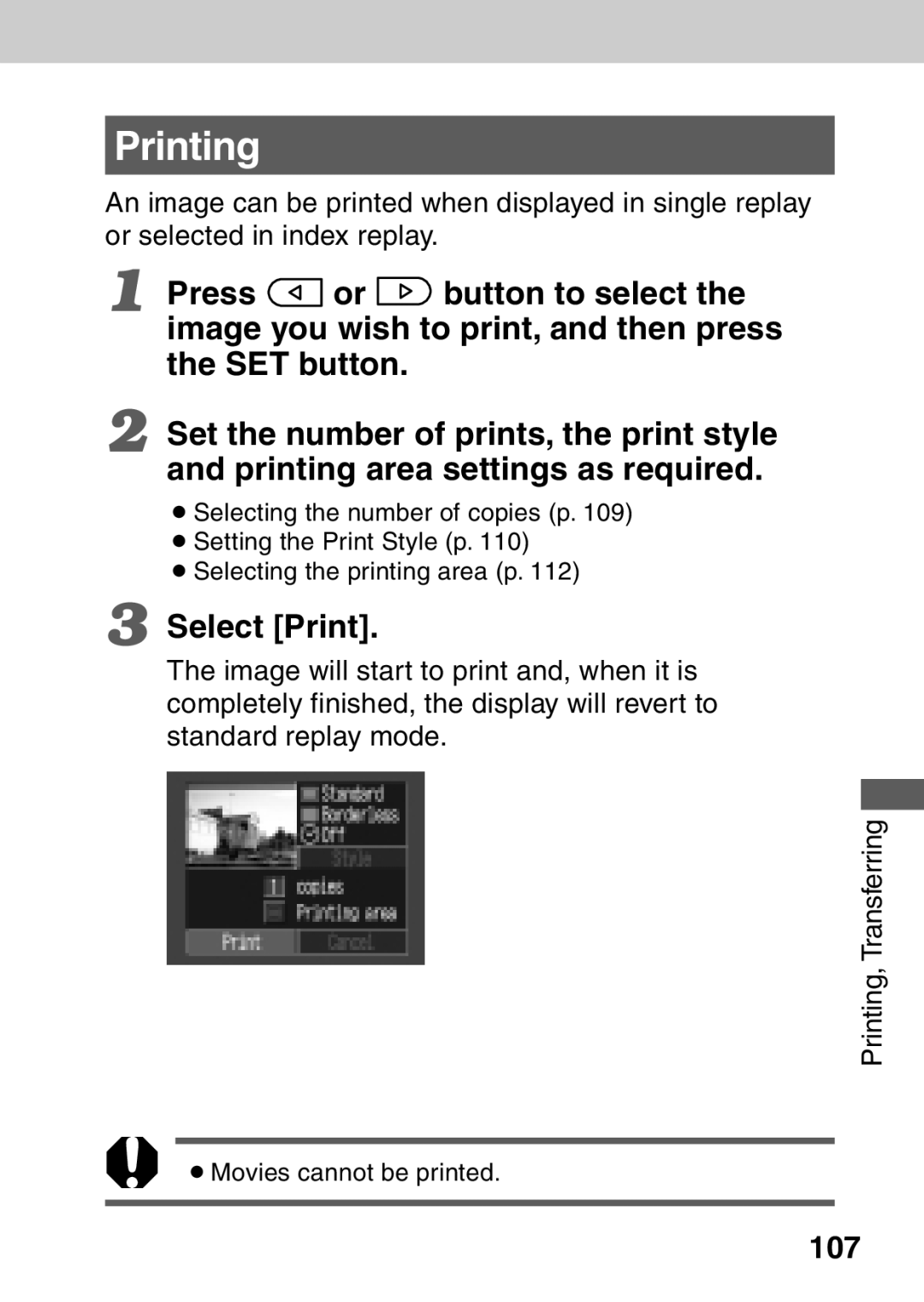 Canon A40 quick start Printing, Select Print, 107 