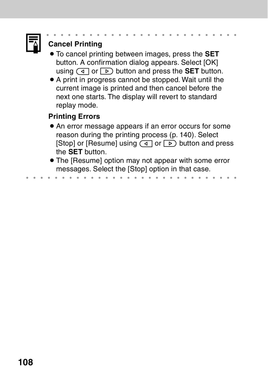 Canon A40 quick start 108, Cancel Printing, Printing Errors 