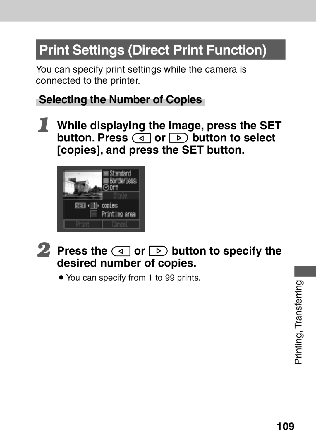 Canon A40 Print Settings Direct Print Function, Press the or button to specify the desired number of copies, 109 