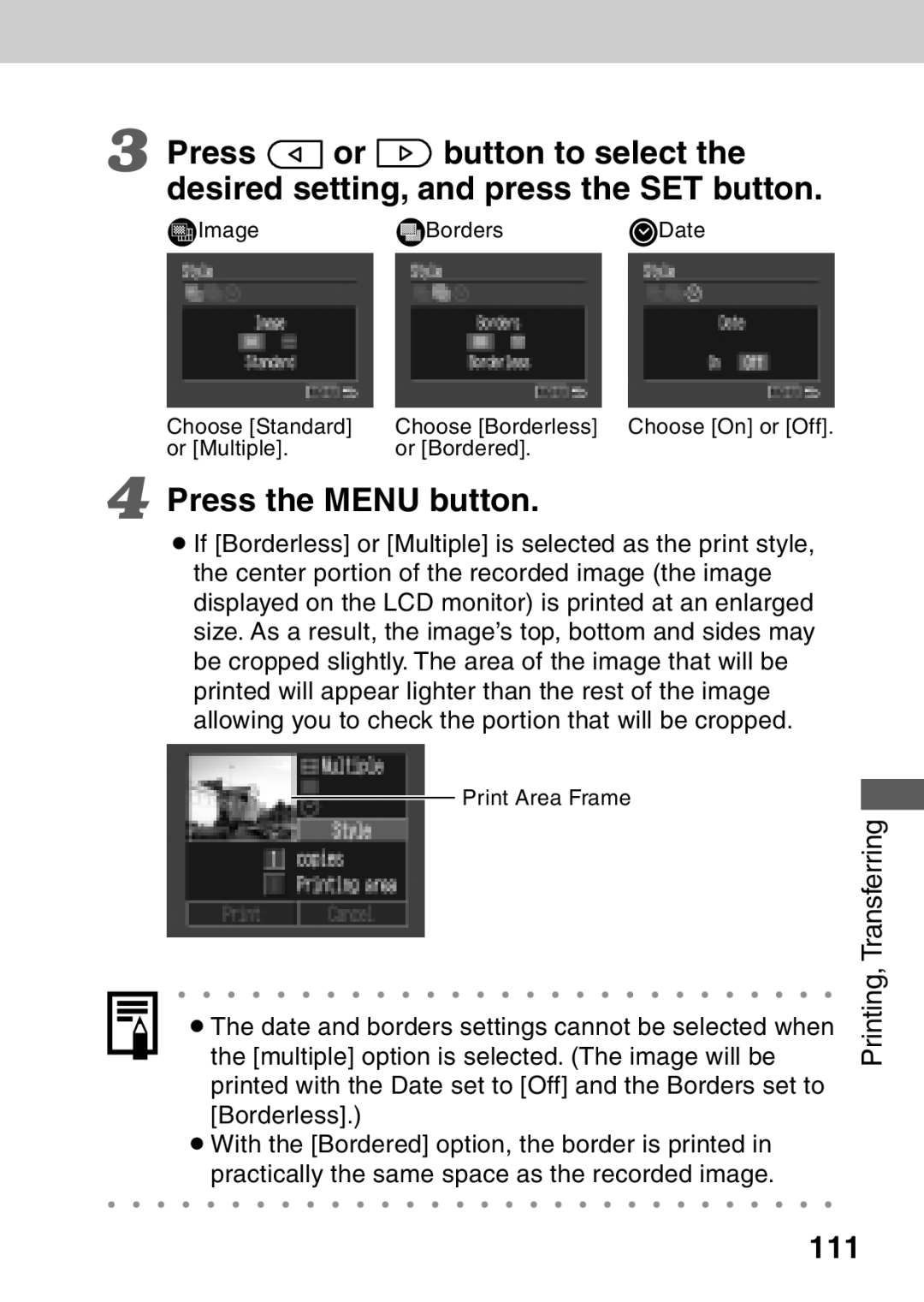 Canon A40 quick start Press the Menu button, 111 