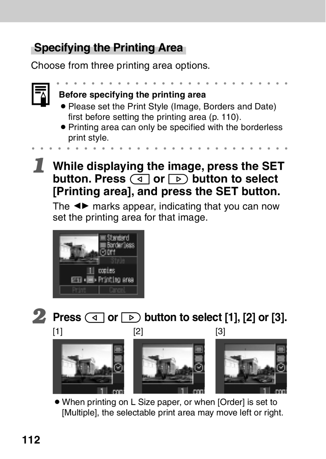 Canon A40 Specifying the Printing Area, 112, Choose from three printing area options, Before specifying the printing area 