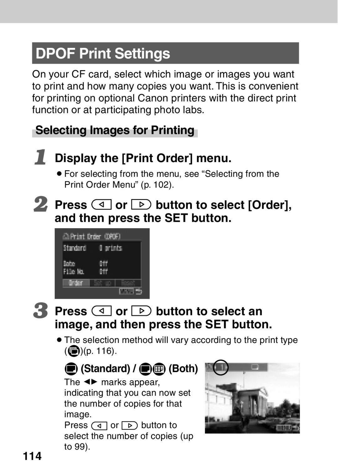 Canon A40 quick start Dpof Print Settings, Selecting Images for Printing Display the Print Order menu, Standard / Both, 114 