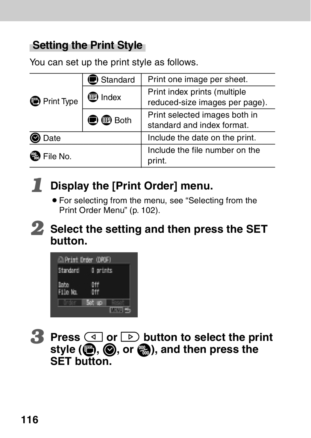 Canon A40 quick start 116, You can set up the print style as follows 