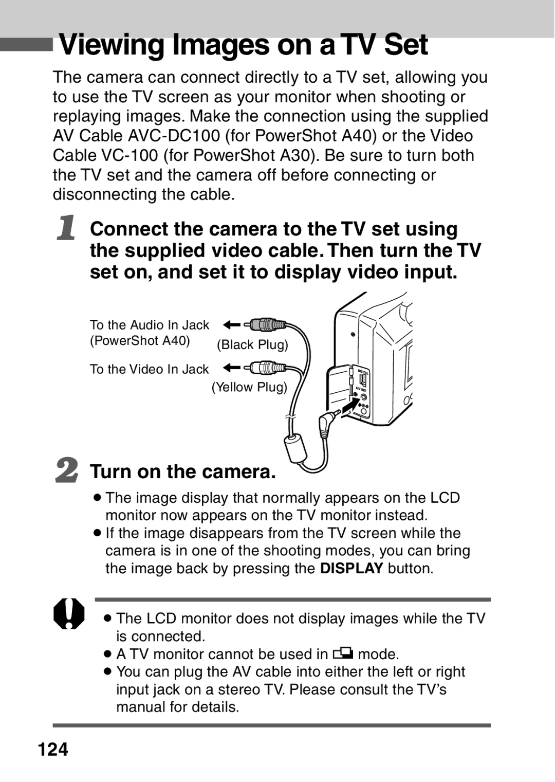 Canon A40 quick start Viewing Images on a TV Set, Turn on the camera, 124 