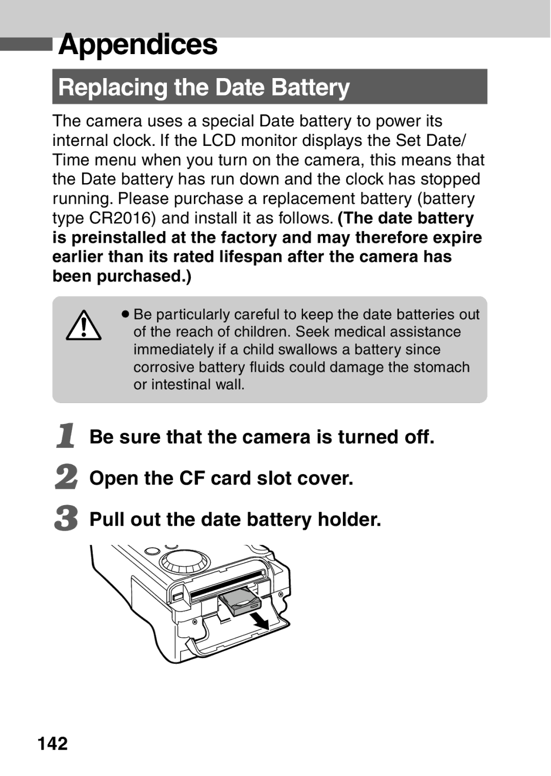 Canon A40 quick start Appendices, Replacing the Date Battery, 142 