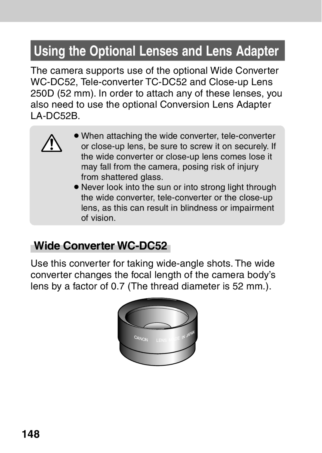 Canon A40 quick start Using the Optional Lenses and Lens Adapter, Wide Converter WC-DC52, 148 