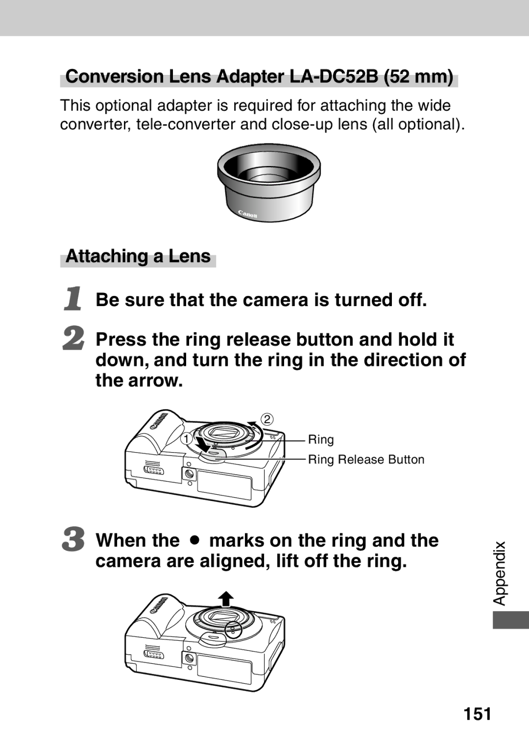 Canon A40 quick start Conversion Lens Adapter LA-DC52B 52 mm, 151 