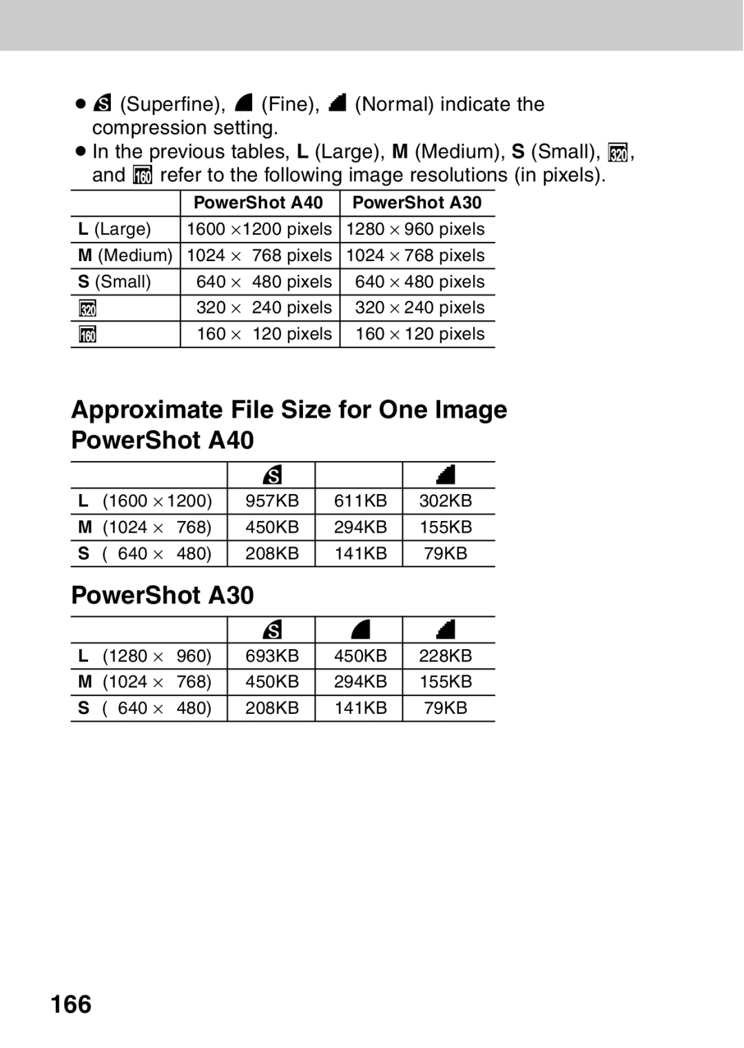 Canon quick start Approximate File Size for One Image PowerShot A40, 166 