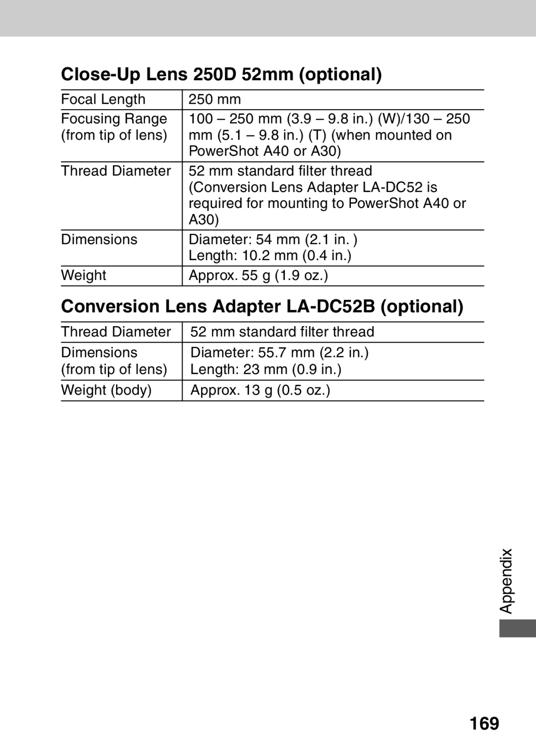 Canon A40 quick start Close-Up Lens 250D 52mm optional, Conversion Lens Adapter LA-DC52B optional, 169 