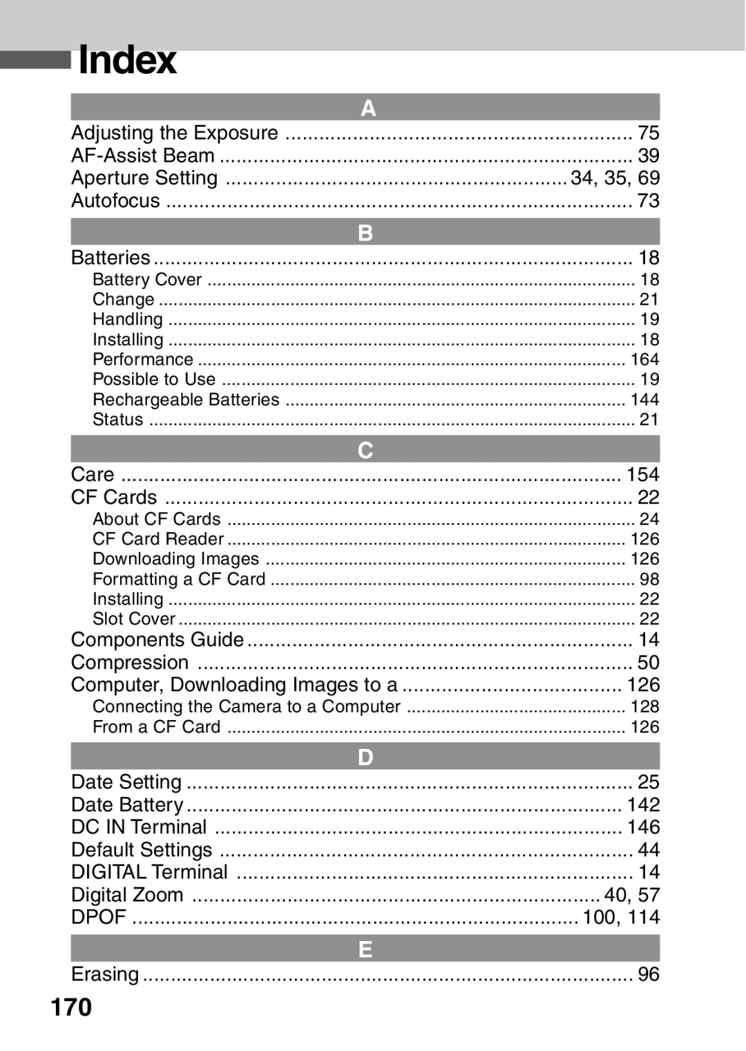 Canon A40 quick start Index, 170 