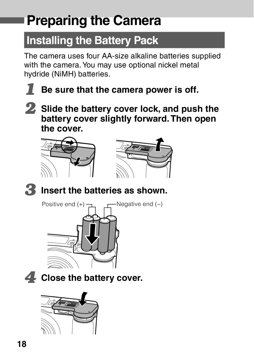 Canon A40 quick start Preparing the Camera, Installing the Battery Pack, Close the battery cover 