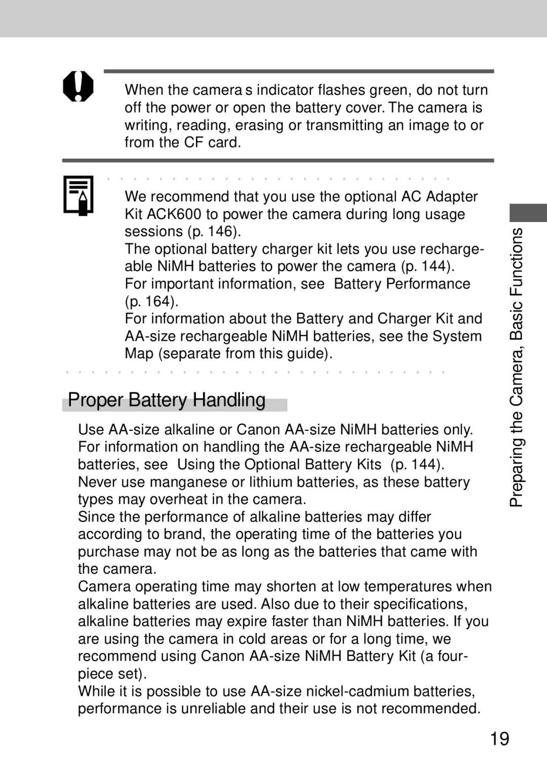 Canon A40 quick start Proper Battery Handling 