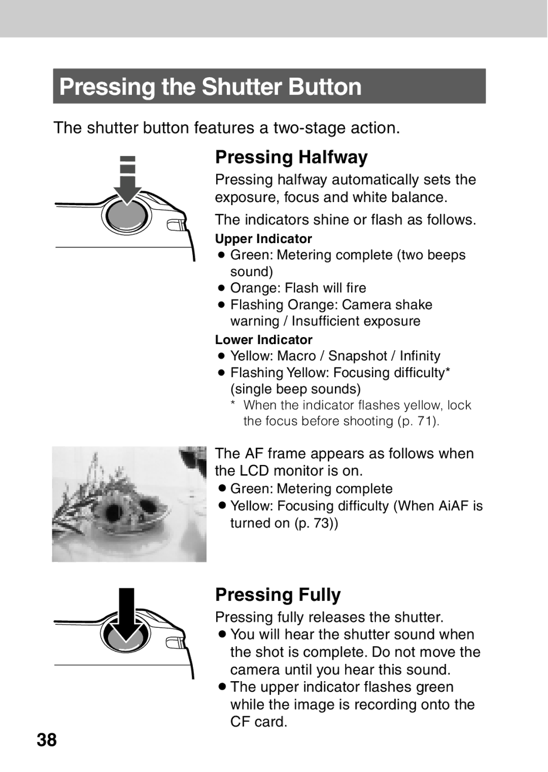 Canon A40 Pressing the Shutter Button, Pressing Halfway, Pressing Fully, Shutter button features a two-stage action 