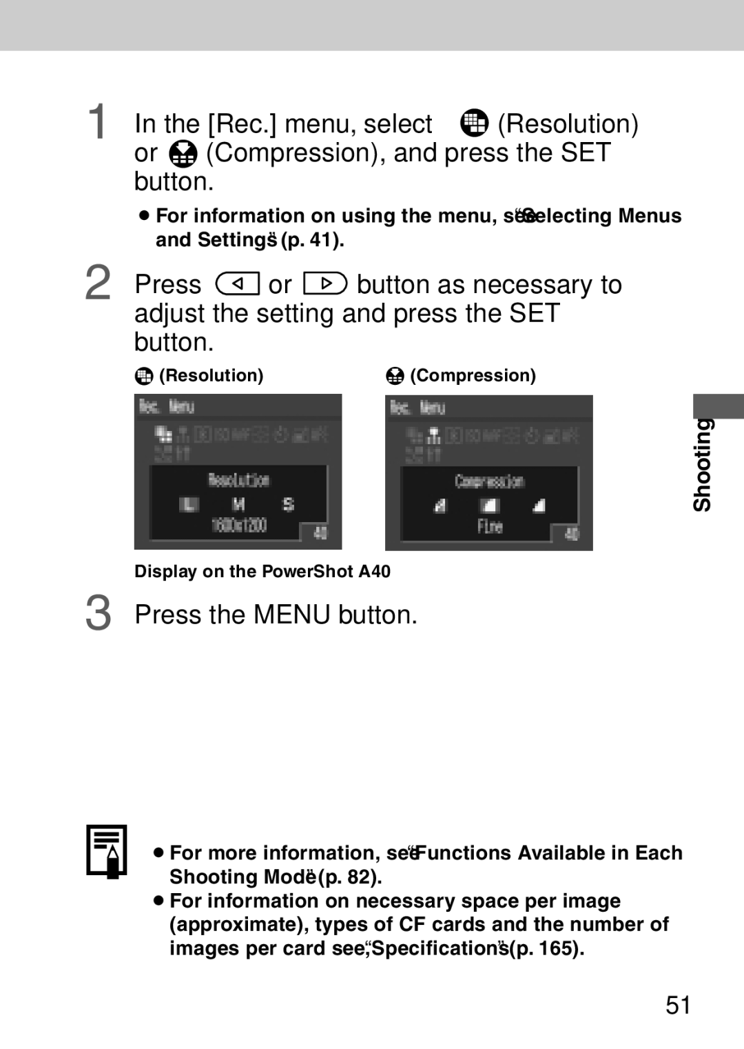 Canon A40 quick start Resolution Compression 