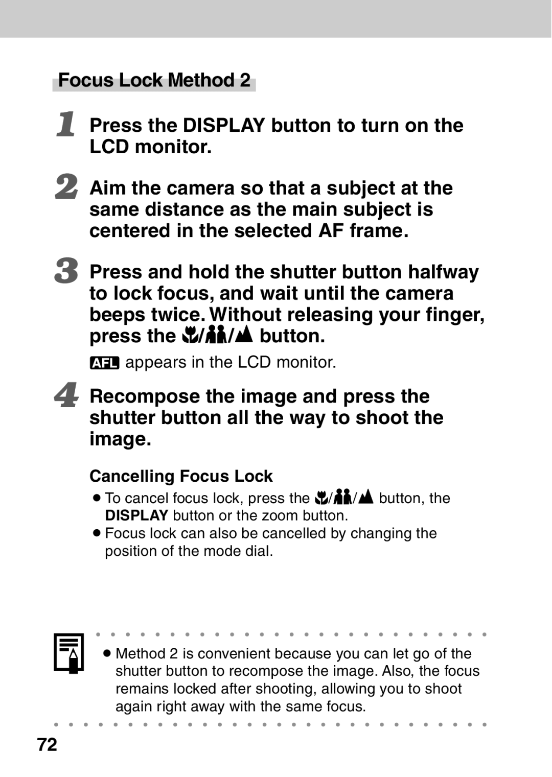 Canon A40 quick start Appears in the LCD monitor, Cancelling Focus Lock 