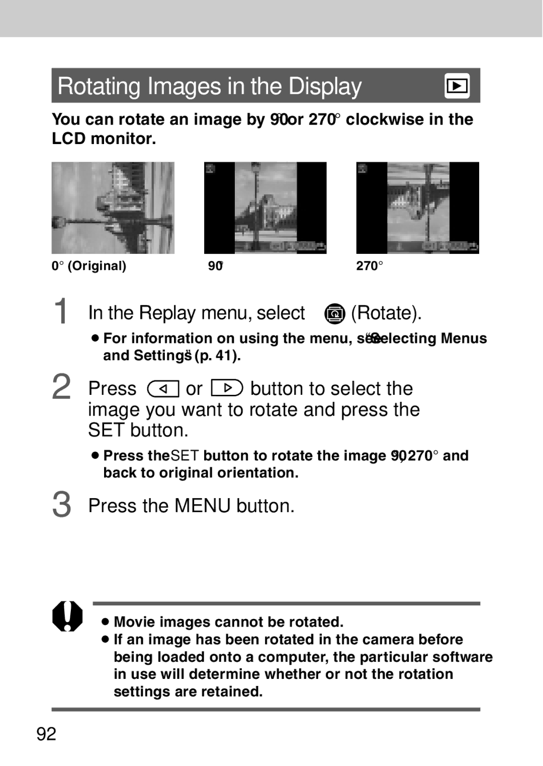 Canon A40 quick start Rotating Images in the Display, Replay menu, select Rotate 