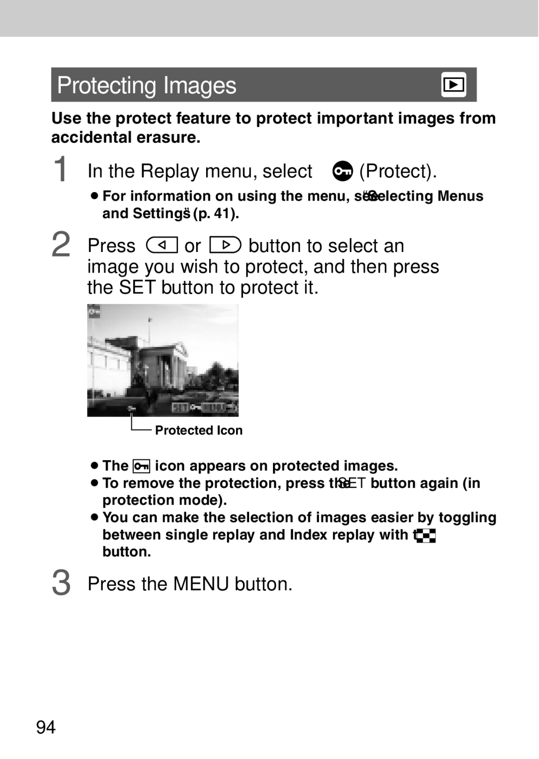 Canon A40 quick start Protecting Images, Replay menu, select Protect 