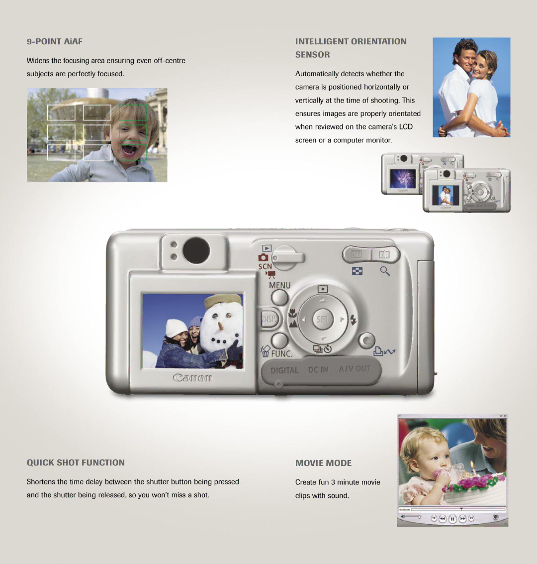 Canon A400 manual Quick Shot Function Intelligent Orientation Sensor, Movie Mode 