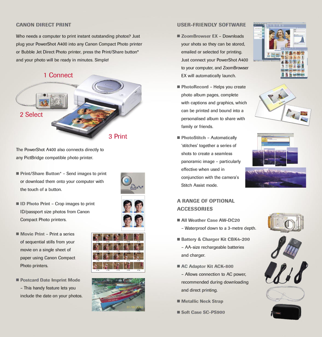 Canon A400 manual Canon Direct Print, USER-FRIENDLY Software, Range of Optional Accessories 