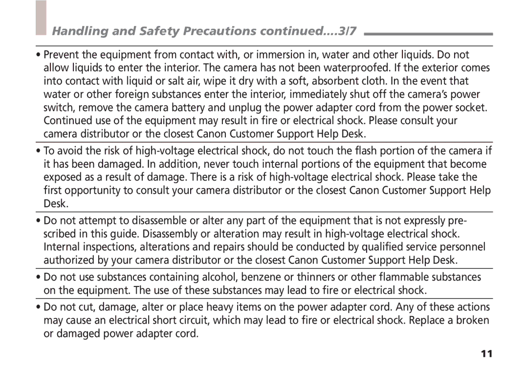 Canon A5 quick start Handling and Safety Precautions ....3/7 