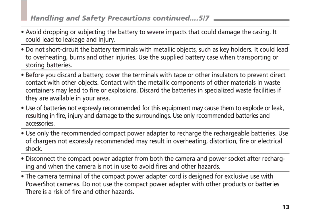 Canon A5 quick start Handling and Safety Precautions ....5/7 