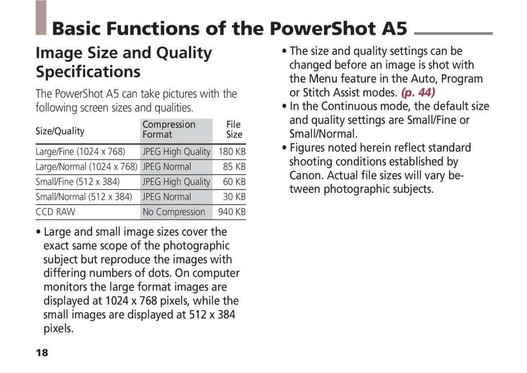 Canon quick start Basic Functions of the PowerShot A5, Image Size and Quality Specifications 