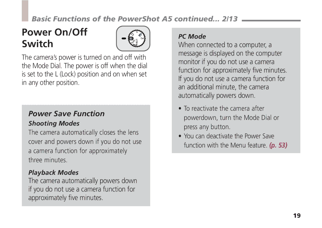 Canon quick start Power On/Off Switch, Basic Functions of the PowerShot A5 .. /13, Power Save Function 