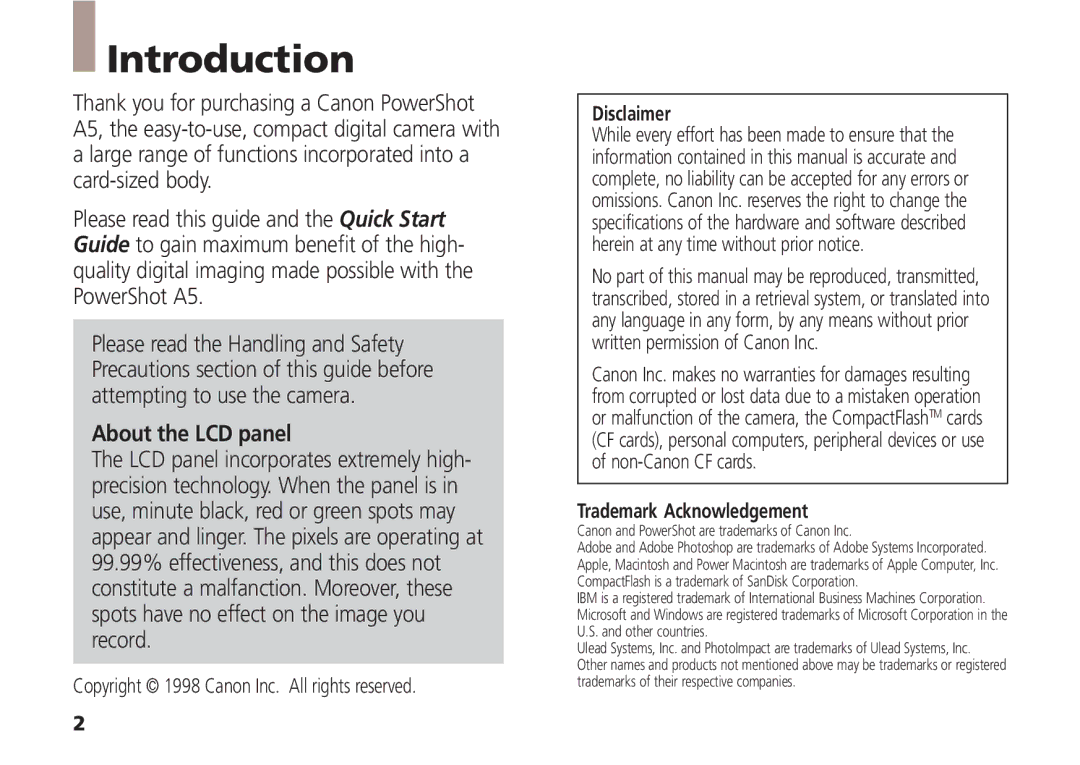 Canon A5 quick start Introduction, Disclaimer, Trademark Acknowledgement 