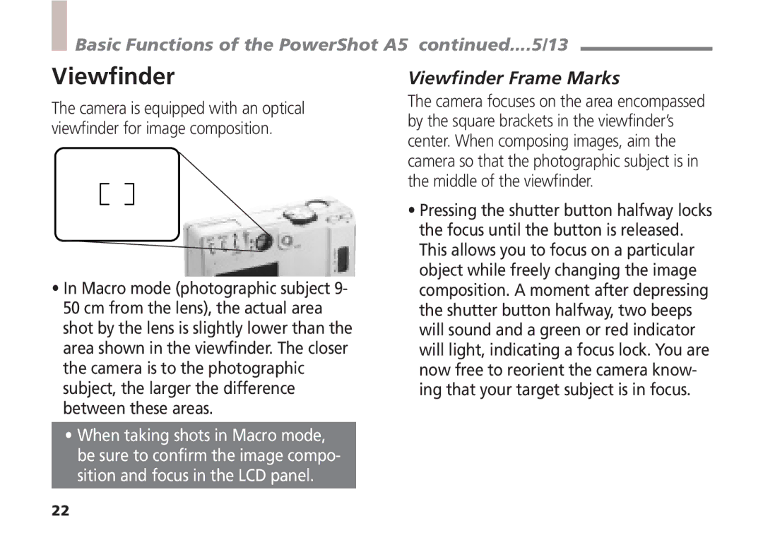 Canon quick start Basic Functions of the PowerShot A5 ....5/13, Viewfinder Frame Marks 