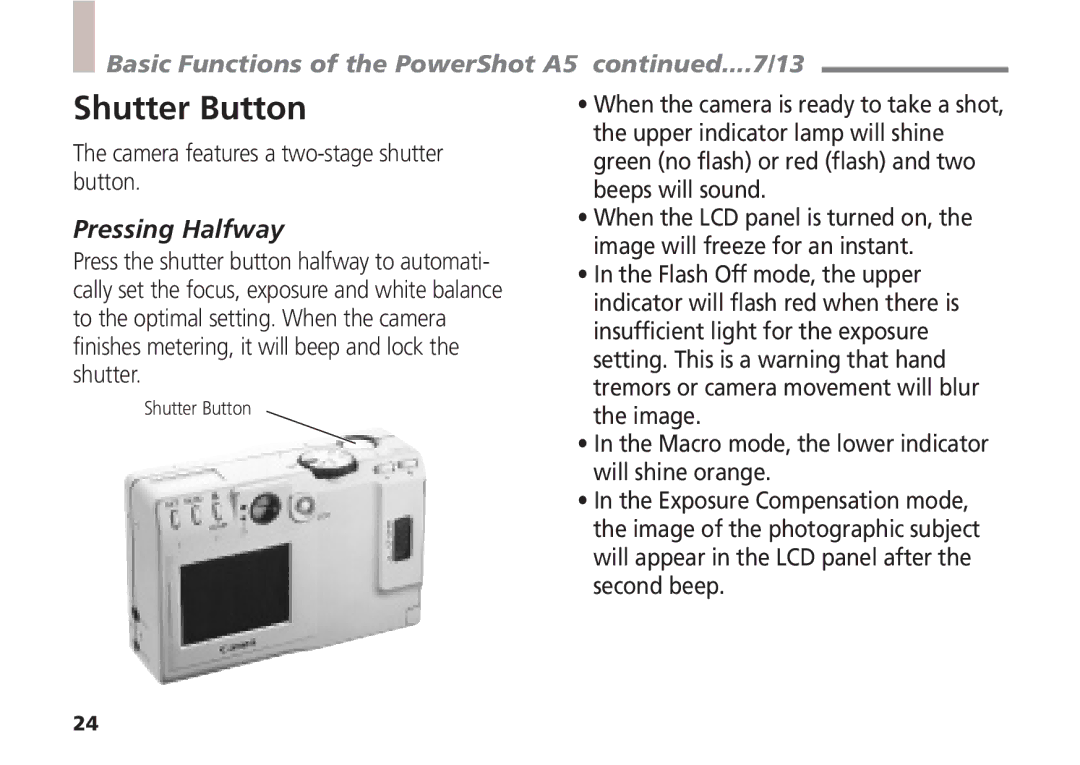 Canon Shutter Button, Basic Functions of the PowerShot A5 ....7/13, Camera features a two-stage shutter button 