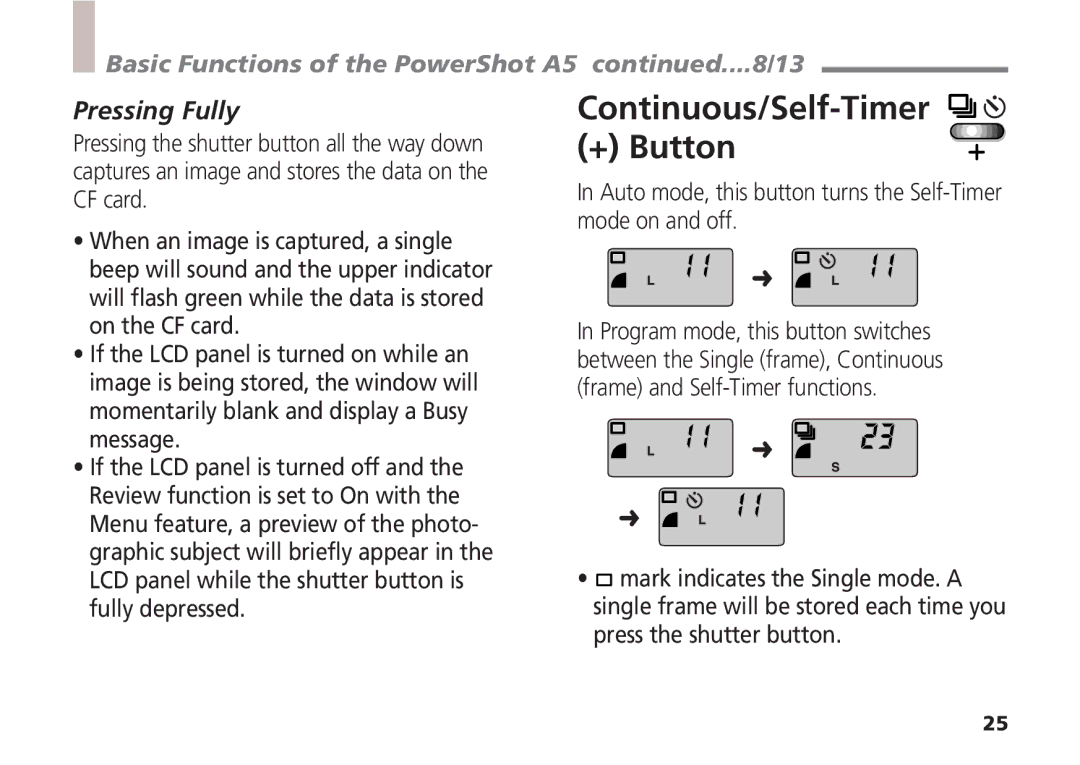 Canon quick start Continuous/Self-Timer + Button, Basic Functions of the PowerShot A5 ....8/13, Pressing Fully 