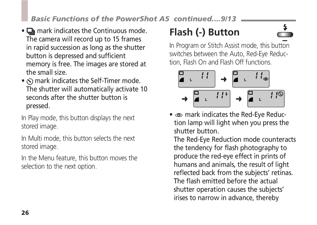 Canon quick start Flash Button, Basic Functions of the PowerShot A5 ....9/13 