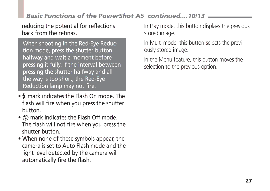 Canon Basic Functions of the PowerShot A5 ....10/13, Reducing the potential for reflections back from the retinas 