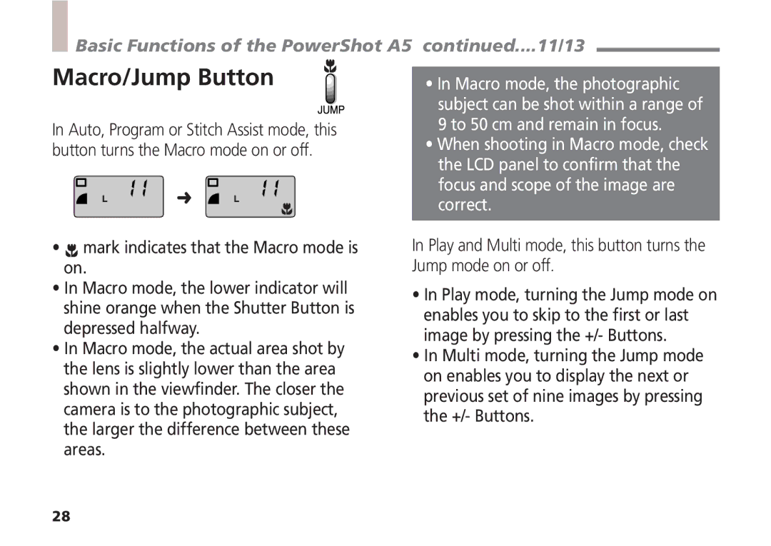 Canon quick start Macro/Jump Button, Basic Functions of the PowerShot A5 ....11/13 