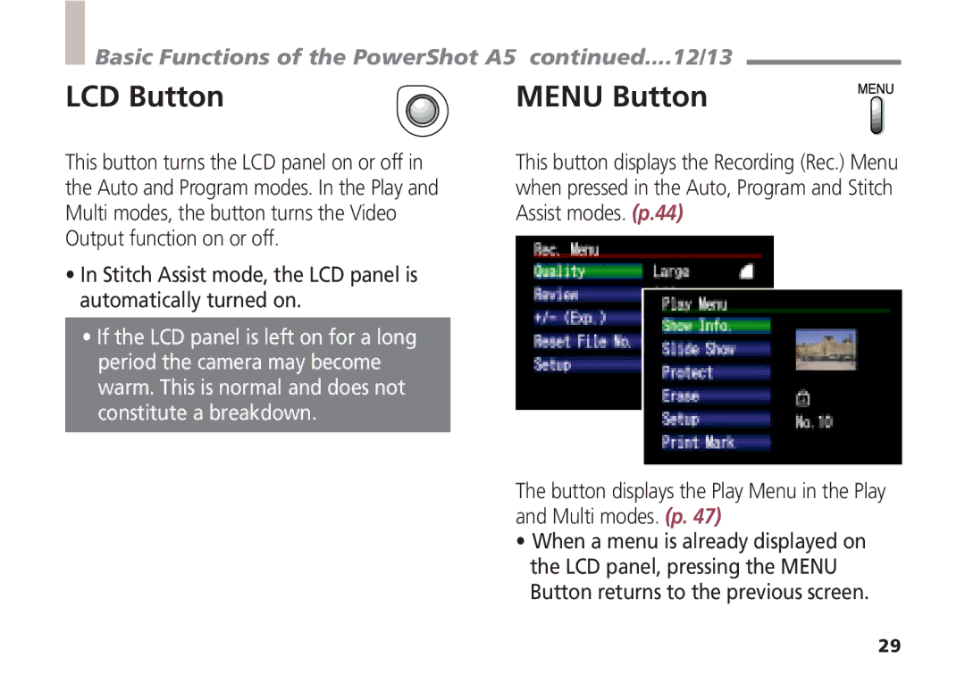 Canon Basic Functions of the PowerShot A5 12/13, Stitch Assist mode, the LCD panel is automatically turned on 