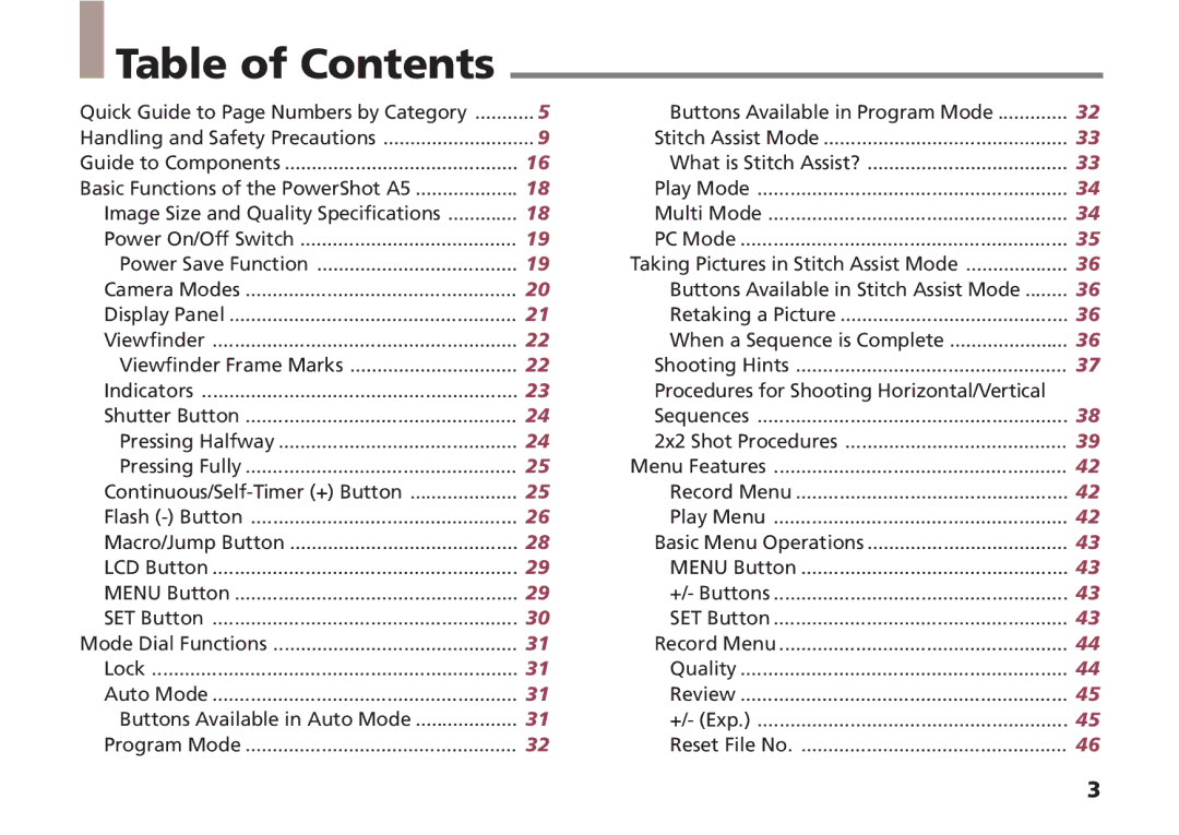 Canon A5 quick start Table of Contents 