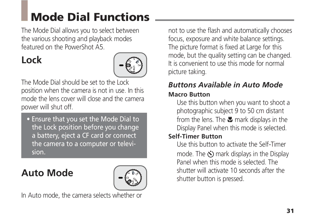 Canon A5 Mode Dial Functions, Lock, Auto mode, the camera selects whether or, Buttons Available in Auto Mode 