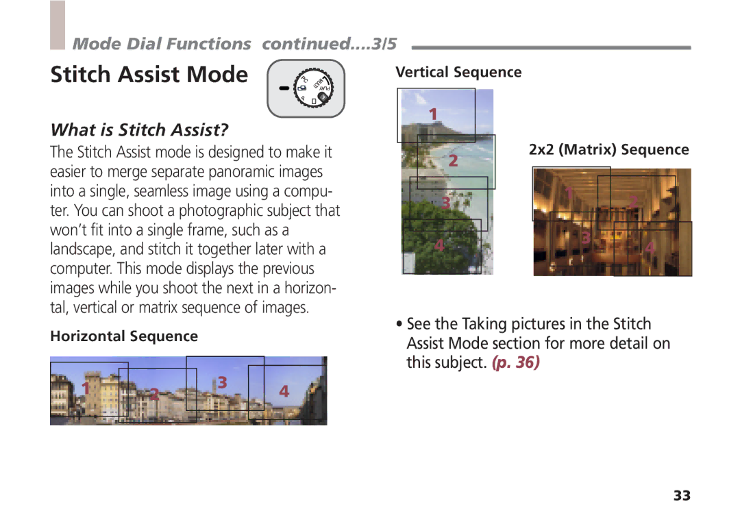 Canon A5 Stitch Assist Mode, Mode Dial Functions ....3/5, What is Stitch Assist?, Horizontal Sequence Vertical Sequence 