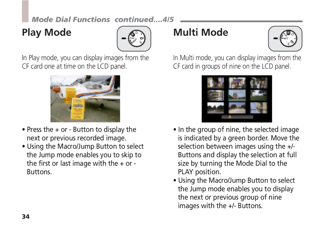 Canon A5 quick start Play Mode Multi Mode, Mode Dial Functions ....4/5 